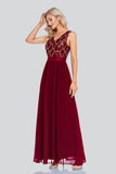 Flowy Sequins Sleeveless V-neck Burgundy Long Prom Dress TW00045