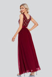 Flowy Sequins Sleeveless V-neck Burgundy Long Prom Dress TW00045