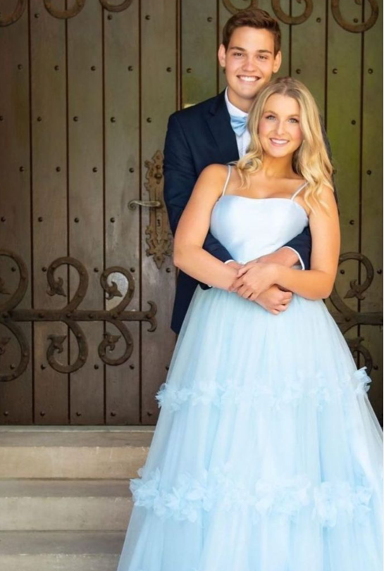 A Line Tulle Princess Formal Evening Dresses Sky Blue Long Prom Dresses