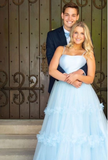 A Line Tulle Princess Formal Evening Dresses Sky Blue Long Prom Dresses