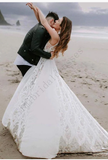 Elegant Bohemian Spaghetti Straps Beach Wedding Dress With Adjustable Drawstring