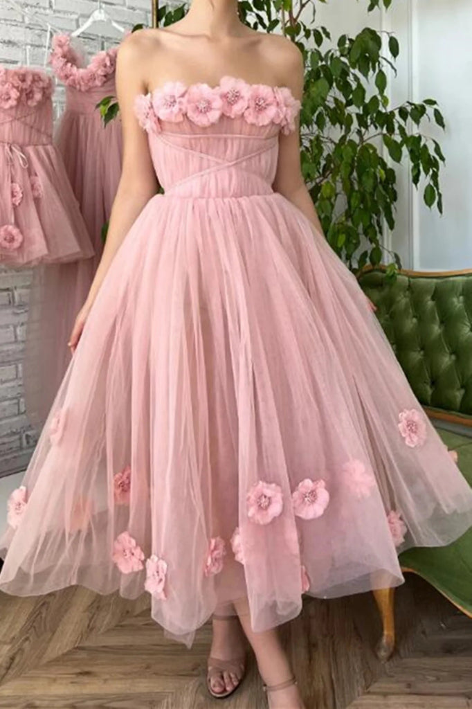A Line Tea Length Pink Floral Appliques Prom Dresses OK1992