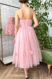 A Line Tea Length Pink Floral Appliques Prom Dresses OK1992