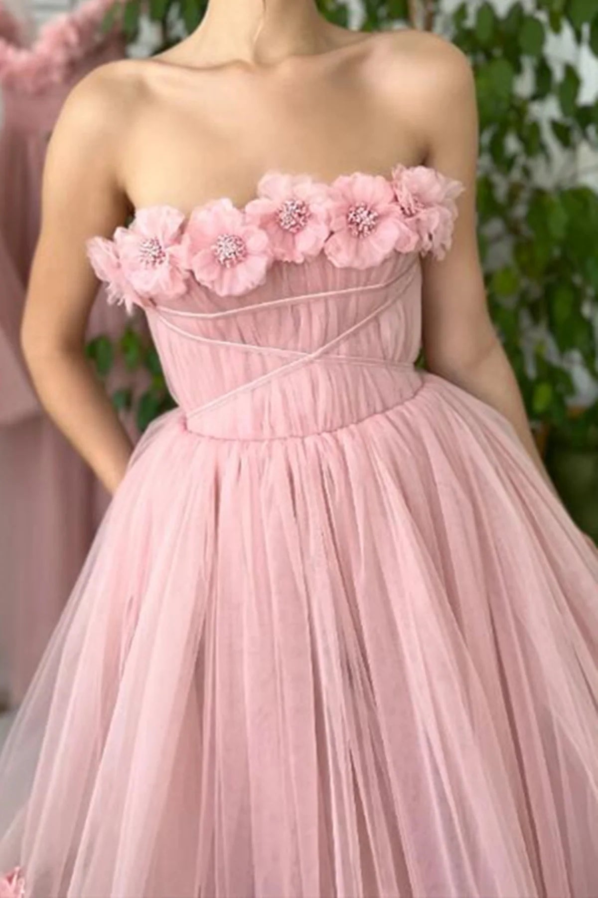 A Line Tea Length Pink Floral Appliques Prom Dresses OK1992