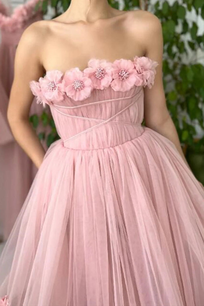 A Line Tea Length Pink Floral Appliques Prom Dresses OK1992