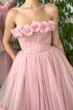 A Line Tea Length Pink Floral Appliques Prom Dresses OK1992