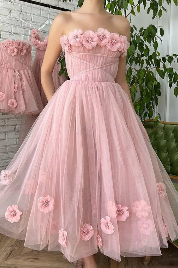 A Line Tea Length Pink Floral Appliques Prom Dresses OK1992