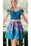 Two Pieces Turquoise Off the Shoulder Beading Lace Homecoming Dresses N1807
