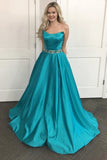 Cheap Turquoise Special A-line Strapless Long Prom Dress with Beads Sash,N581
