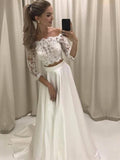 Two Pieces 3/4 Sleeve Off the Shoulder Lace Satin Beach Wedding Dress