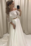 Two Pieces 3/4 Sleeve Off the Shoulder Lace Satin Beach Wedding Dress