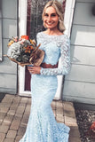 Two Pieces Mermaid Light Blue Long Sleeves Lace Prom Dresses