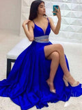Two Pieces V Neck A Line Royal Blue Long Prom Dresses with Beaded Belt OK2001