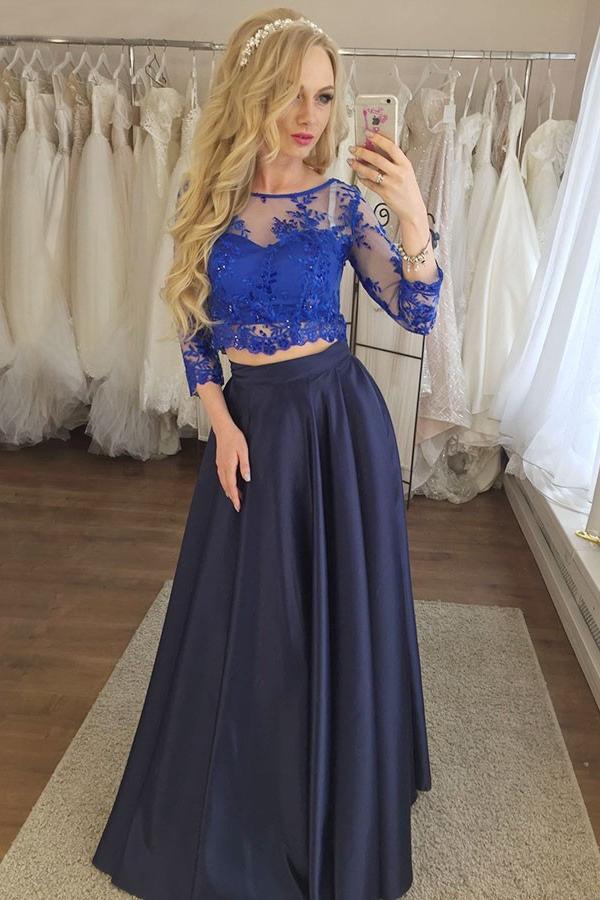 Two Piece Navy Blue Prom Dress with Lace, Cheap Prom Dress with Sleeves N1549