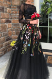 Two Pieces Long Sleeves Black Lace Bodice Tulle Prom Dress with Appliques N1068
