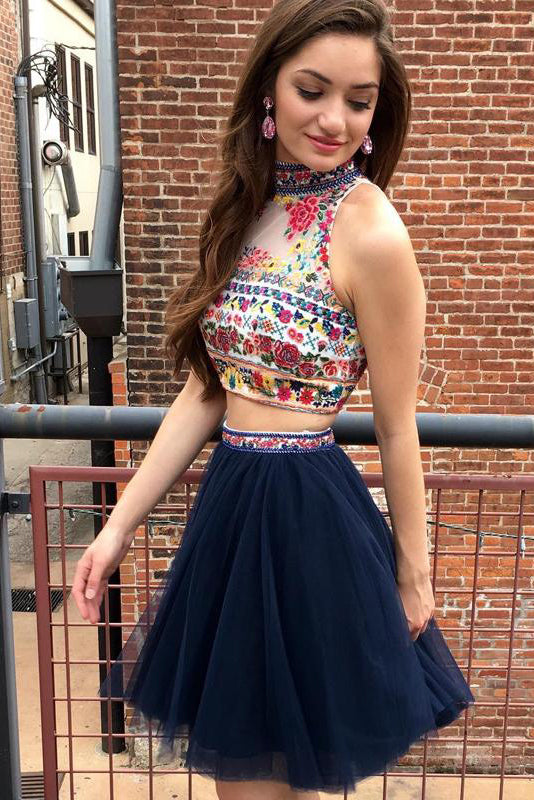 Navy Blue Two Piece Embroidery High Neck Open Back Sleeveless Tulle Homecoming Dresses N1823