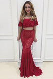 Two Piece Off-the-Shoulder Burgundy Lace Prom Dresses with Ruffles Lace Formal Dresses N969