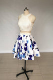 Two Piece Ivory Jewel Floral Print Satin Short Homecoming Dress with Pearls 