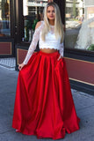 Two Piece Cold Shoulder Prom Dress with Lace, Long Sleeve Red Satin Party Dresses N1550