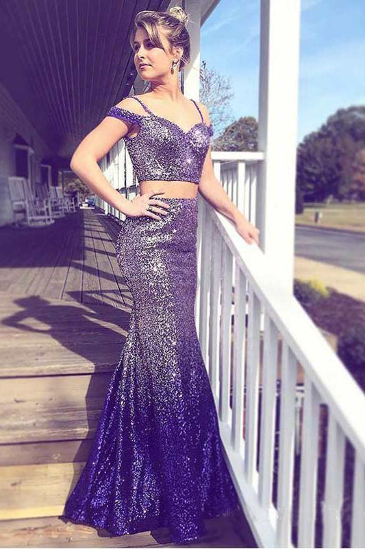 Spaghetti Straps Long Ombre Purple Sequined Prom Dresses Two Piece Formal Dresses N1695