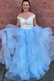Two Piece Off-the-Shoulder Tiered Blue Tulle Long Prom Dress with Lace N1276