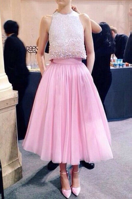 Two Piece Pink Jewel Tulle Tea Length Homecoming Dress, A Line Sleeveless Tulle Dress N1915