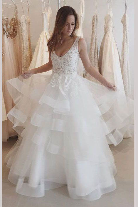 Charming Ivory U Neck Appliques Tulle Wedding Dress,Sleeveless Layers Bridal Dress,N685
