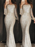 Mermaid Long Tassel Sleeve Sequin Prom Dresses N2325