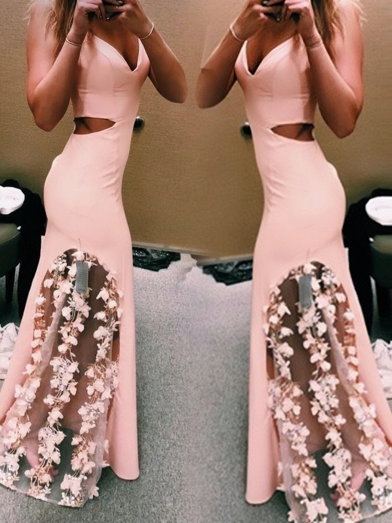 Unique Pink Spaghetti Straps Mermaid Prom Dresses with Flowers N2483