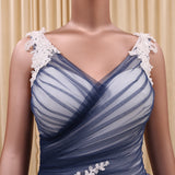 Ball Gown V Neck Dark Blue Tulle Prom Dress with Applique Puffy Long Quinceanera Dress N1438