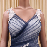 Ball Gown V Neck Dark Blue Tulle Prom Dress with Applique Puffy Long Quinceanera Dress N1438