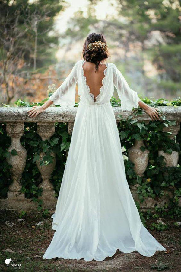 Sexy Chiffon 3/4 Sleeves and Backless Bridal Dress, Long Chiffon Beach Wedding Dress N1268