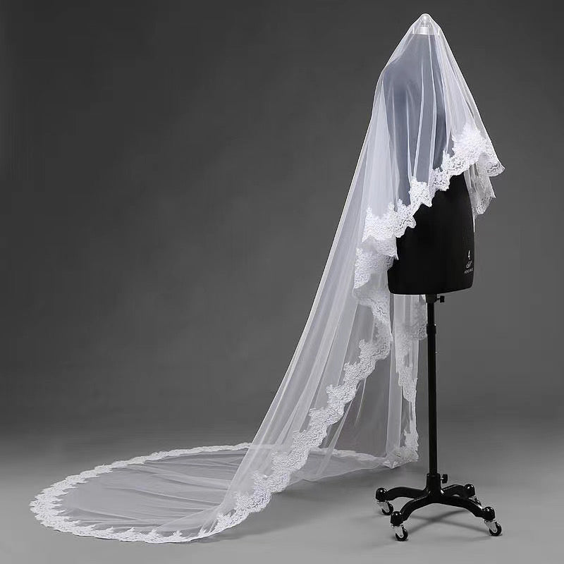 Charming 3M Long Ivory One Layer Wedding Veils With Lace Appliques V050