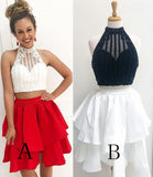 Two Piece High Neck Sleeveless Tiered Homecoming Dresses with Beads A Line Party Dresses