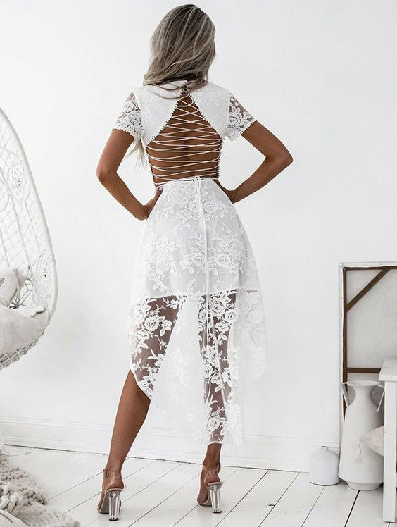 White High-low Short Sleeve V-Neck Lace Homecoming Dresses