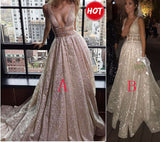 Sexy A Line Deep V-Neck Court Train Backless Prom Dresses with Sequins Party Dresses N730