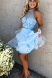 A-Line Light Blue Jewel Sleeveless Beading Mini Tulle Homecoming Dresses,Party Dresses,N311
