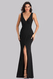 Unique Black V-Neck Mermaid Prom Dresses with Slit Affordable Evening Dresses XU90817