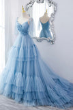 Blue Straps Ruffles Long Prom Dress Princess Evening Dresses OK2004