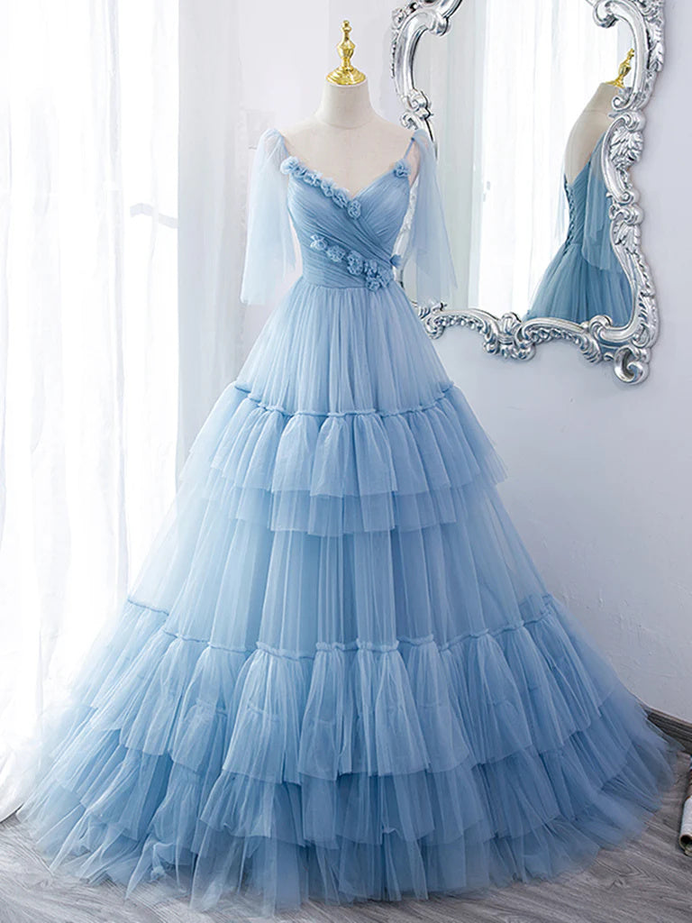 Blue Straps Ruffles Long Prom Dress Princess Evening Dresses OK2004