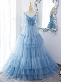 Blue Straps Ruffles Long Prom Dress Princess Evening Dresses OK2004