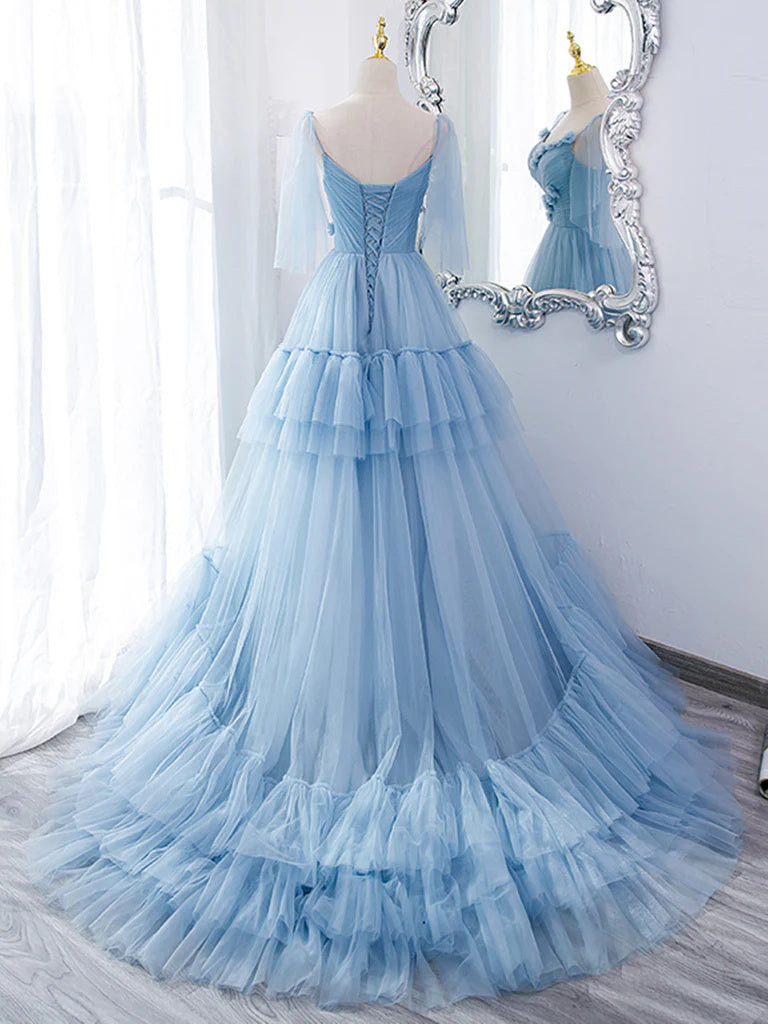 Blue Straps Ruffles Long Prom Dress Princess Evening Dresses OK2004