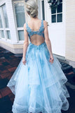 V-Neck Appliques Open Back Formal Graduation Evening Dresses Light Blue Long Prom Dresses