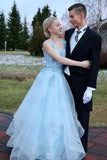 V-Neck Appliques Open Back Formal Graduation Evening Dresses Light Blue Long Prom Dresses