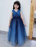 A Line Sparkle Blue V-Neck Sleeveless Flower Girl Dresses