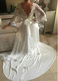 Romantic Boho V Neck Lace Appliques Chiffon Long Beach Wedding Dresses with Sash N629