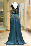 Sparkly V-Neck Long Satin Prom Dresses with Sequin Belt Beading Evening Dresses N1450