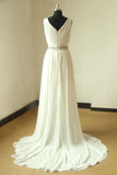 Ivory V-Neck Sleeveless Pleated Slit Chiffon Summer Beach Wedding Dresses with Beading N964