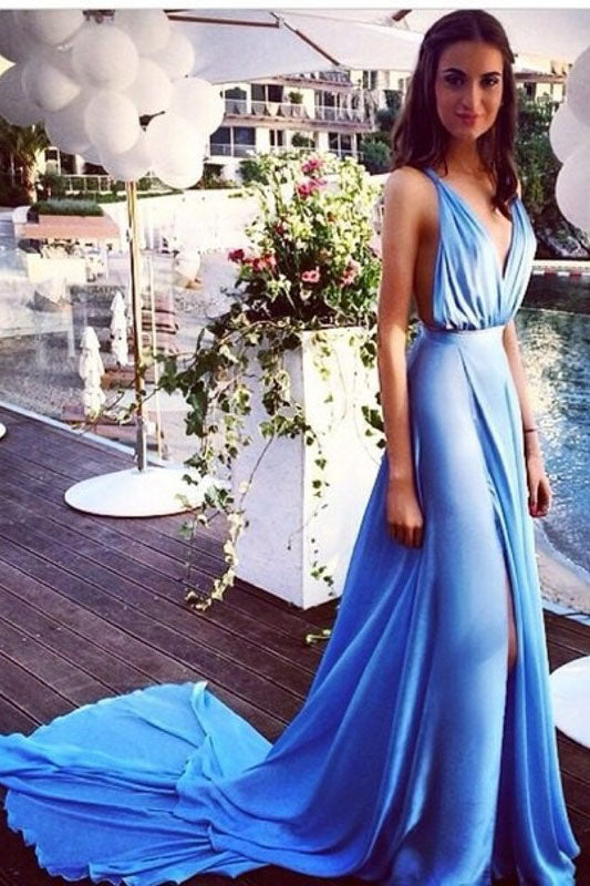 Blue Sleeveless V Neck Long Prom Dress,Split Court Train Evening Dresses,N736