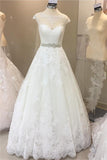 A Line Vintage Cap Sleeves Beaded Sashes Lace Wedding Dresses, Long Bridal Dress N831